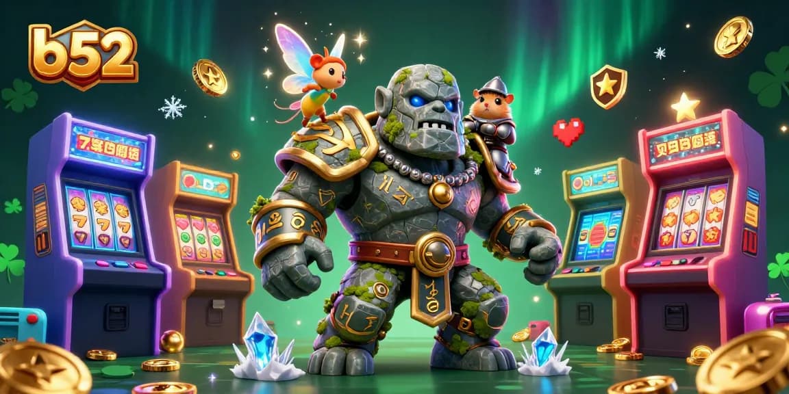 Engage in thrilling casino action with the b52 golem, bright arcade machines, and dazzling slot symbols.