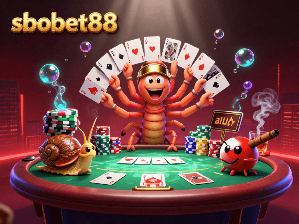 Engage in thrilling action with sbobet88's vibrant poker scene featuring unique characters and detailed game elements.