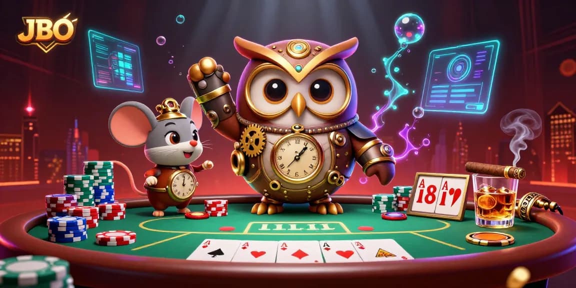 Experience stunning gameplay at JBO with an owl and mouse in a vibrant casino scene.
