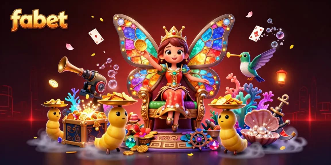 Win big at fabet with a vibrant depiction of a butterfly queen amidst casino elements.