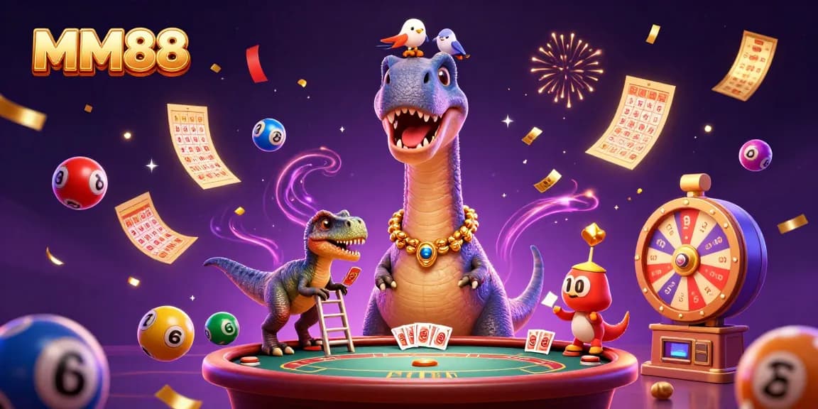 MM88 showcases a vibrant 3D casino scene featuring a brontosaurus and raptor, enhancing your gaming experience.