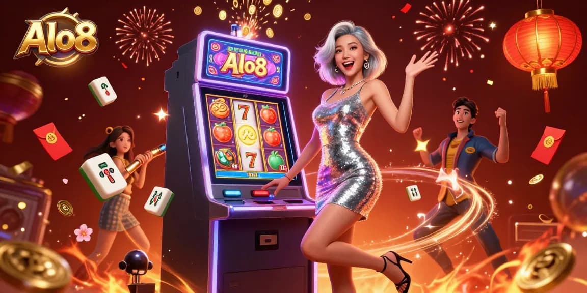 Alo8 offers thrilling slot excitement with a joyful Asian woman celebrating her jackpot win among vibrant casino elements.