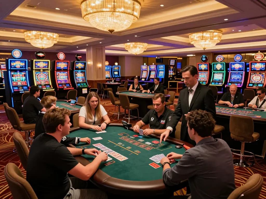 Players engaging at blackjack tables in a vibrant casino atmosphere, showcasing 78 WIN strategies