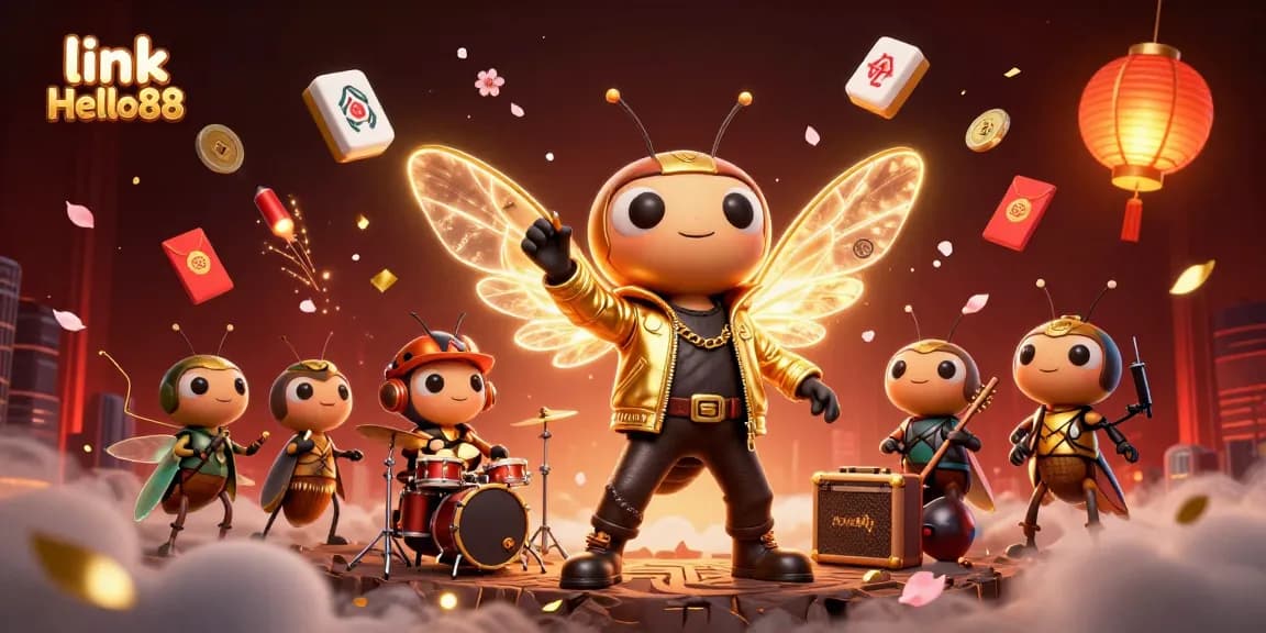 Experience excitement with link Hello88 at this vibrant casino scene illustrating a cicada rock star and mahjong elements.