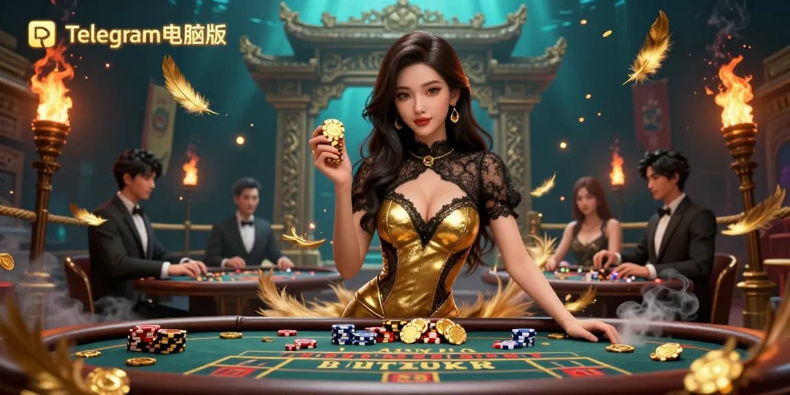 在高风险百家乐桌旁与Telegram电脑版互动，周围环绕着奢华的赌场元素。