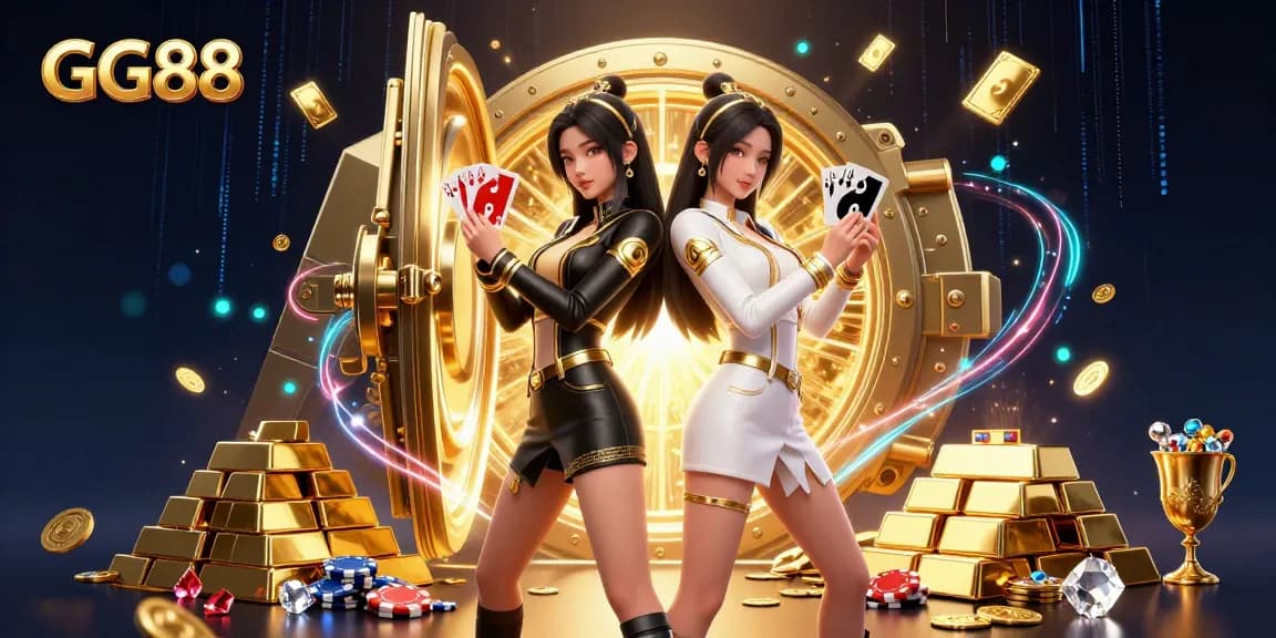 Experience thrill with GG88, where stunning twin Asian women showcase their poker prowess amidst a vibrant casino ambience.