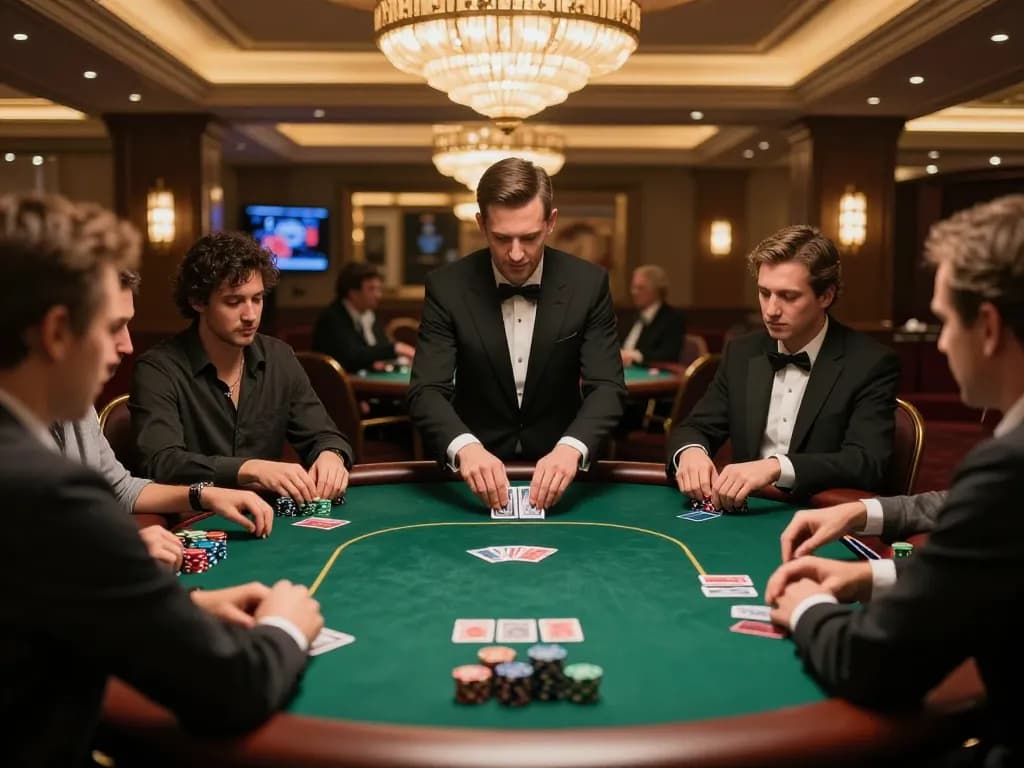 Players engaging in high-stakes poker game at xx 88 casino with luxurious decor