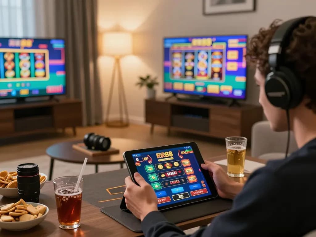 RR88 user placing bets on an engaging casino app in a cozy home setting