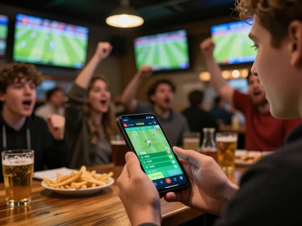 Tại a sports bar, fans check tỷ lệ kèo nhà cái on smartphone while watching the football match.