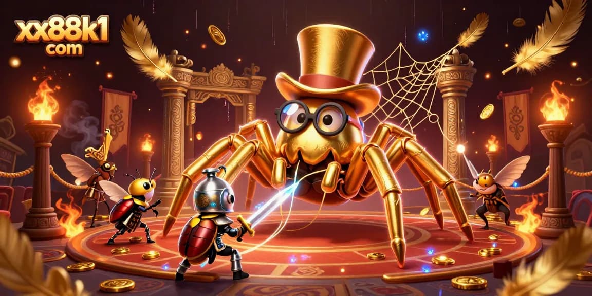 Experience gaming excitement at xx88k1 com with a vibrant scene of a golden tarantula and dynamic characters.