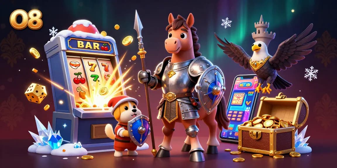 Play slots and win with O8's vibrant gaming scene featuring dynamic 3D illustrations.