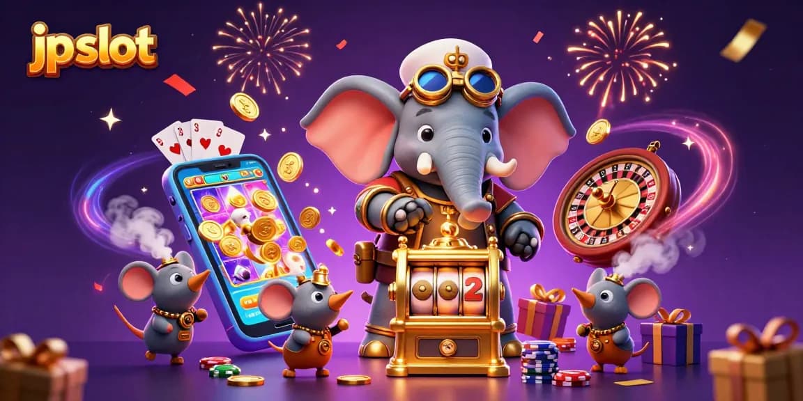 Experience thrilling jp slot action as a steampunk elephant spins a golden slot machine under a vibrant backdrop.
