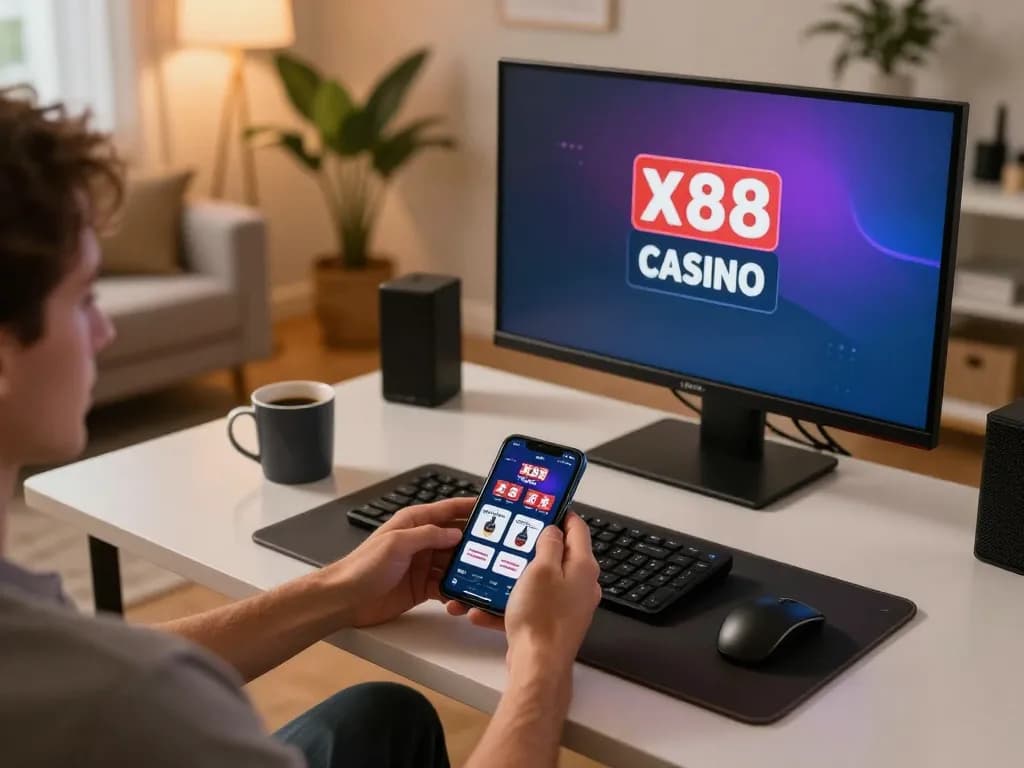 Engaging with the xx88 online casino app on a smartphone in a cozy home setting while tracking strategies.