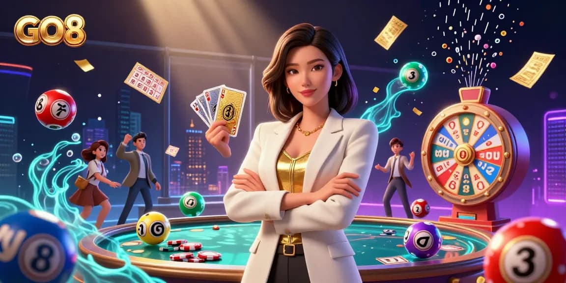 Engage in dynamic gameplay at GO8, showcasing a powerful Asian businesswoman amidst vibrant casino elements.