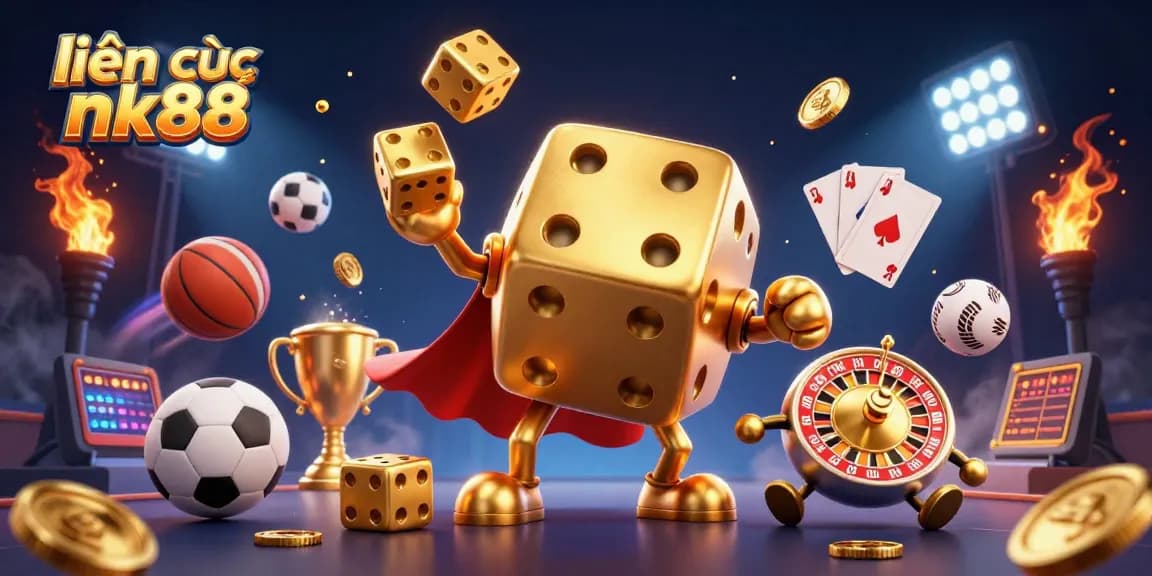 Engage with liện hệ nk88 in a vibrant 3D casino scene featuring golden dice and dynamic sports elements.