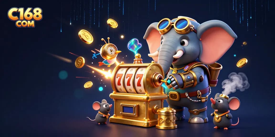 C168 COM showcases a vibrant slot machine scene with a steampunk elephant and dynamic gaming elements.