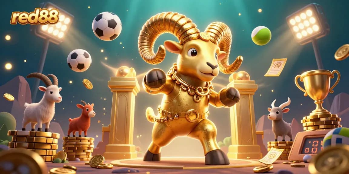 Experience big wins with red88 as a golden ram charges through a vibrant sports betting arena.