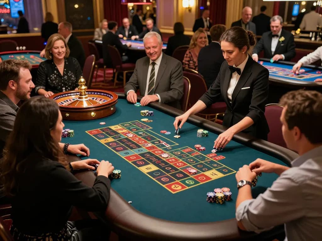 Players strategizing at mm88 roulette table, chips and excitement fill the casino setting.