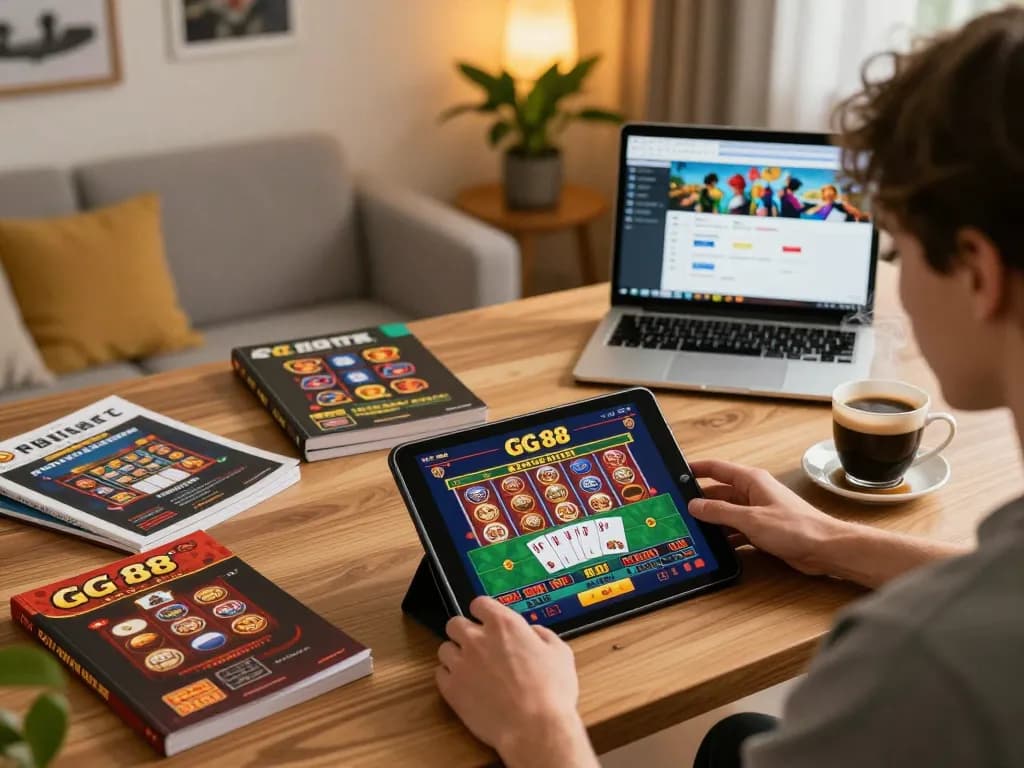 Engaging in online gambling on GG 88 casino platform with tablet and gaming strategies in a cozy setting
