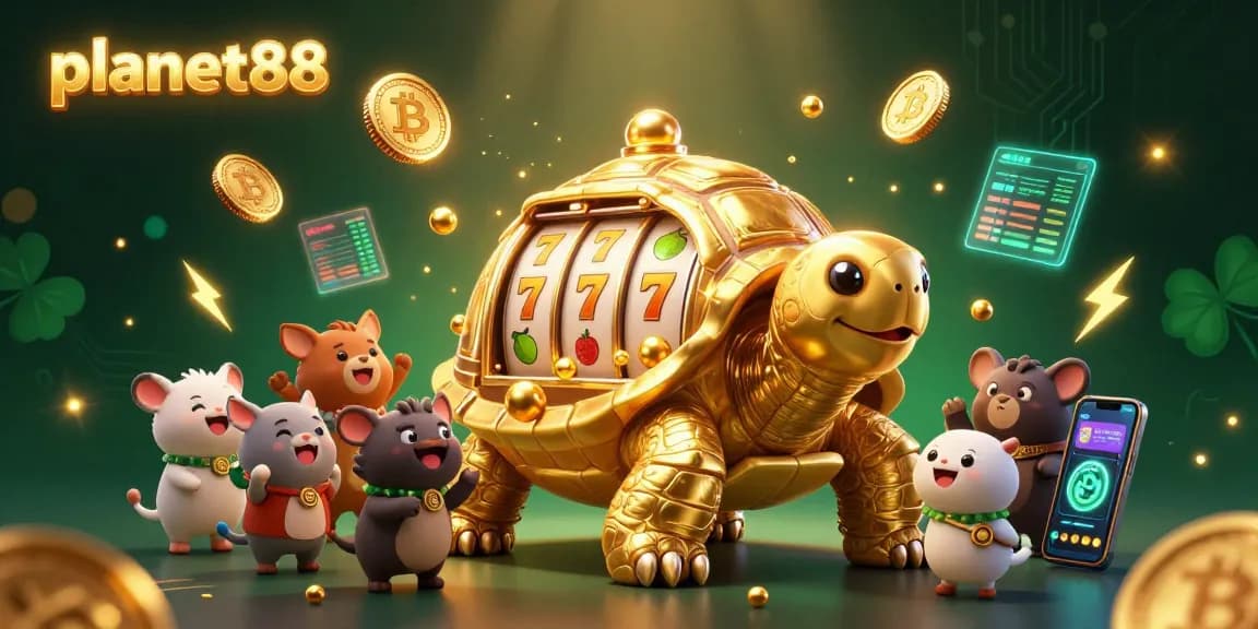 Spin to win at planet88 with vibrant slot reels and a golden tortoise in a colorful casino scene.