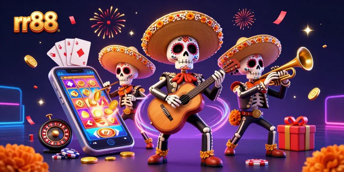 Engage with rr88 gaming featuring a vibrant scene of mariachi skeletons enjoying thrilling slot games and festive elements.