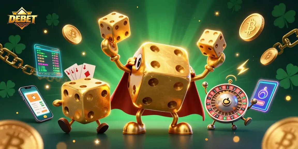Experience the thrill of DEBET with golden dice and vibrant crypto elements in a dynamic casino scene.