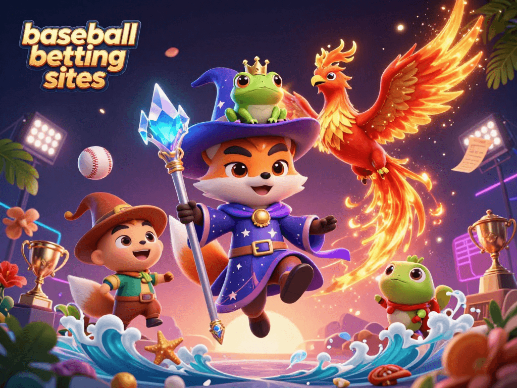 Engage with baseball betting sites through this vibrant 3D illustration featuring a wizard fox and phoenix.