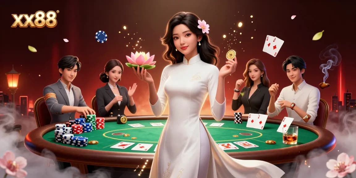 Engage with xx88's exciting poker scene featuring an elegant player and vibrant game elements.