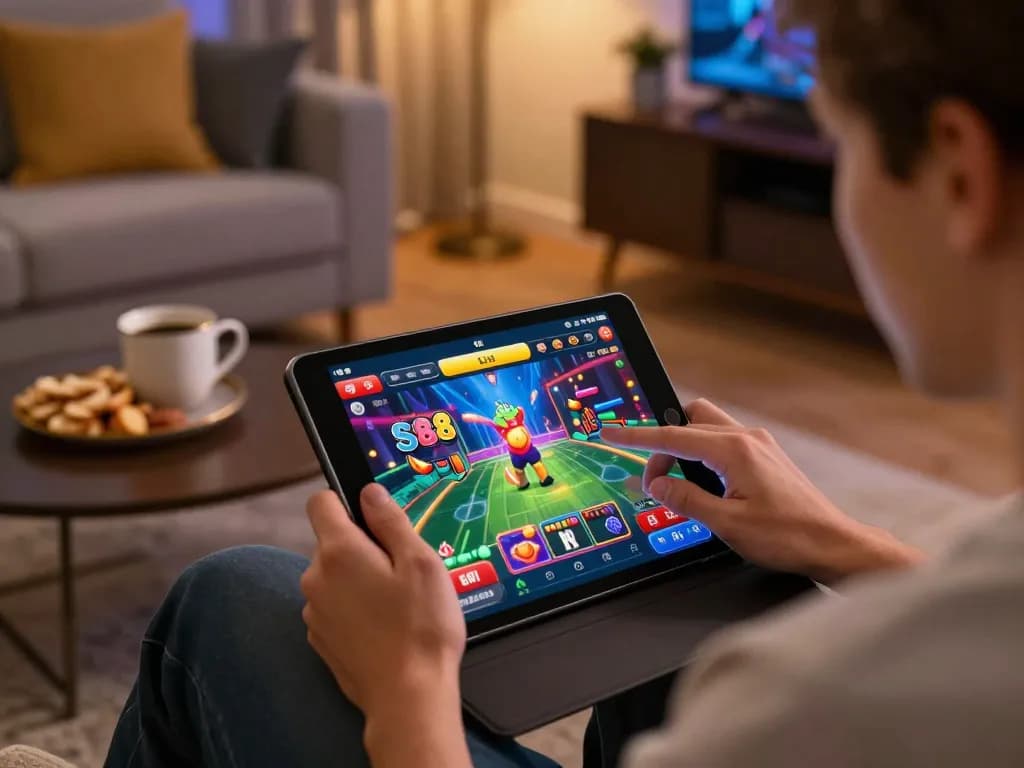 Engaging in S8 online gaming with vibrant tablet graphics and a cozy home atmosphere.