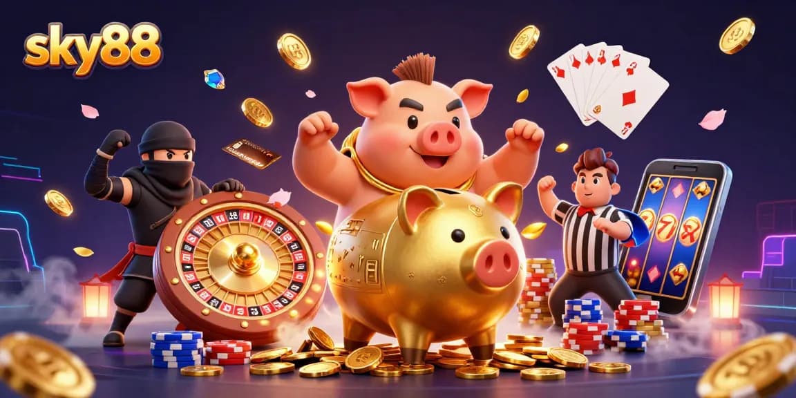 Experience excitement with sky88 as golden coins fly from a vibrant casino scene.