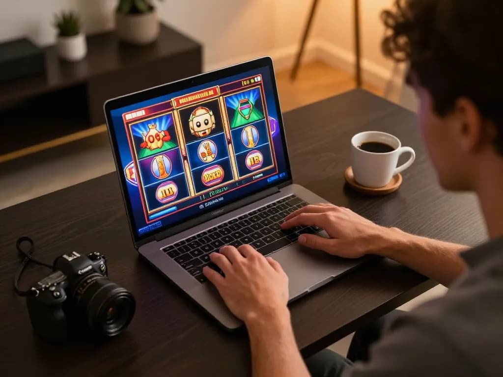mv66 user excitedly spins slot reels on laptop, showcasing an inviting home gaming setup