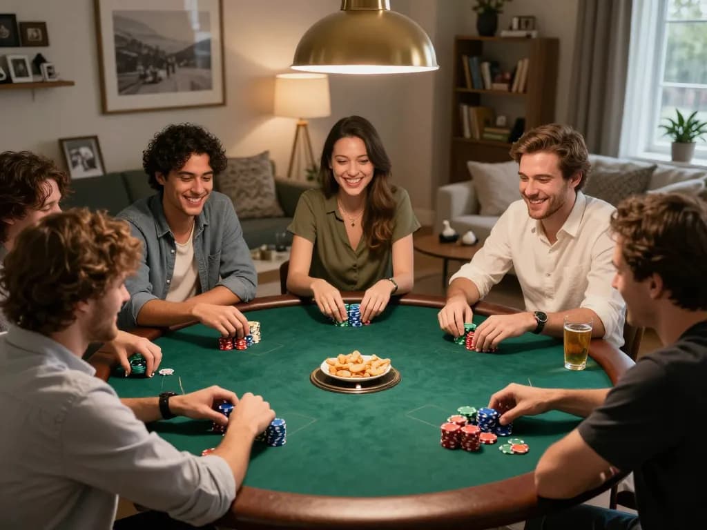 Engaged friends enjoying poker night at home with af88 chips and strategies