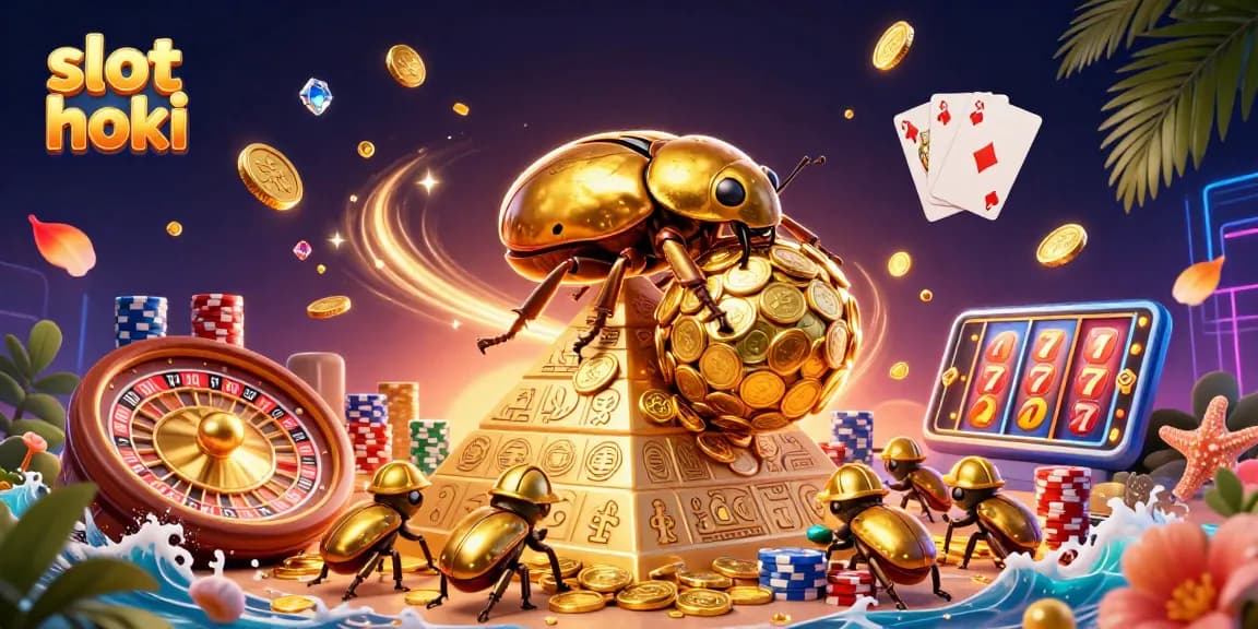 Spin to win big with slot hoki in this vibrant casino-themed illustration filled with golden coins and excitement.