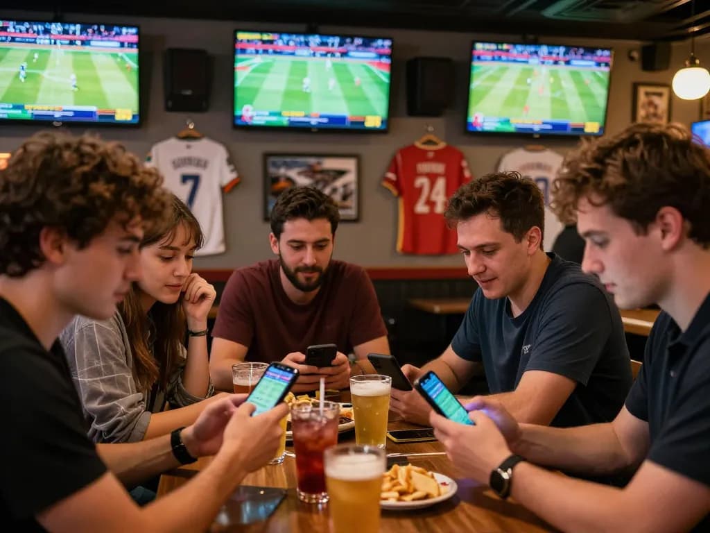 Engaged friends analysis of kèo nhà cái hôm nay during live sports betting at vibrant bar