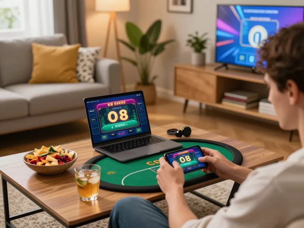 Player enjoying O8 mobile casino gaming on their smartphone in a cozy living room.