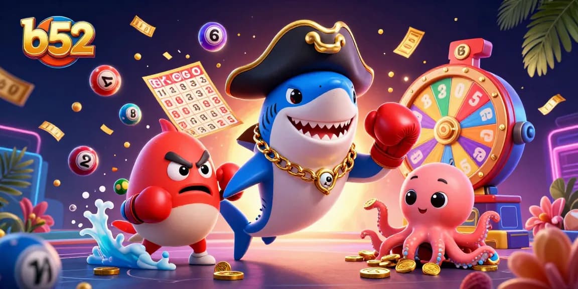 B52 casino action with a shark and pufferfish characters, surrounded by dynamic game elements and vibrant colors.