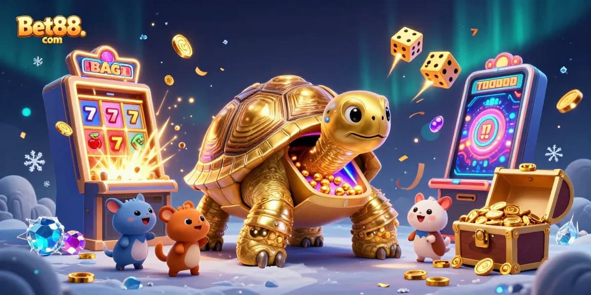 Spin the excitement at Bet88. com with a lively 3D illustration of a golden tortoise and gambling elements.
