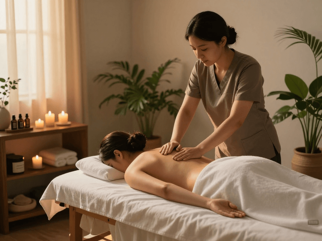 Rejuvenating 김포출장안마 session in a tranquil therapy room with calming ambiance.