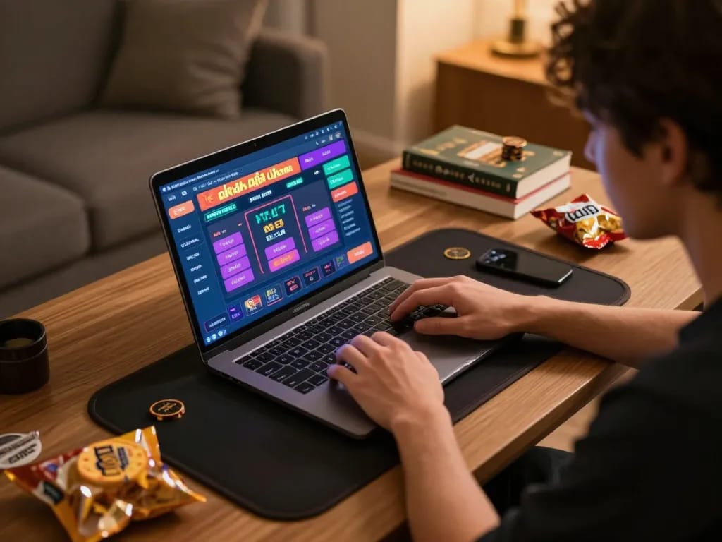 Engaging in đánh đề online with a colorful gambling interface on a cozy laptop setup.