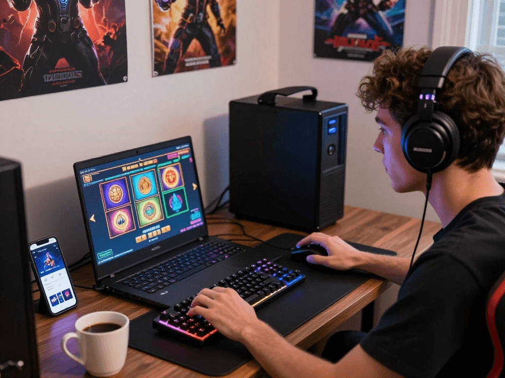 Pengguna coloksgp sedang bermain slot online dengan perangkat gaming di rumah.