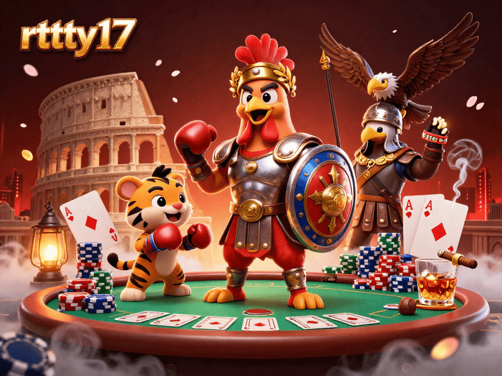 Experience the thrill of rttty17 with a vibrant 3D casino scene featuring dynamic characters and rich elements.