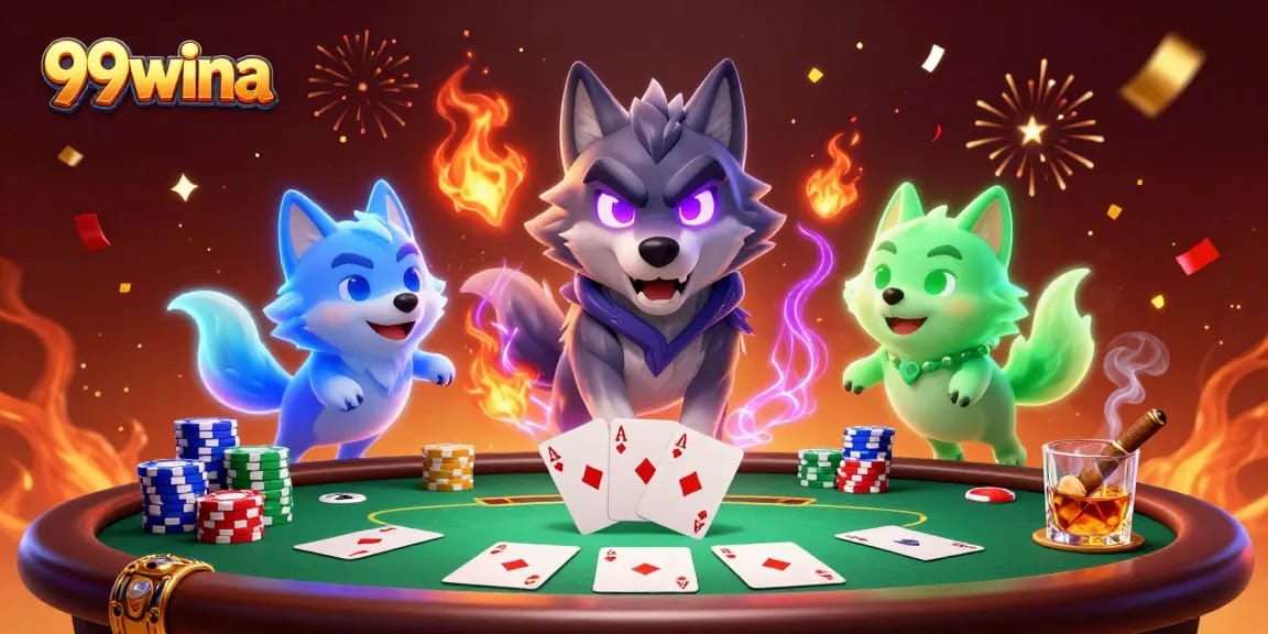 Experience thrilling poker action with 99wina at a vibrant casino scene featuring ghostly wolves.