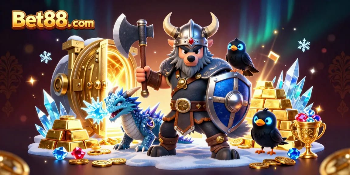 Experience thrilling adventures at Bet88. com with a Viking warrior, dragon, and treasures!