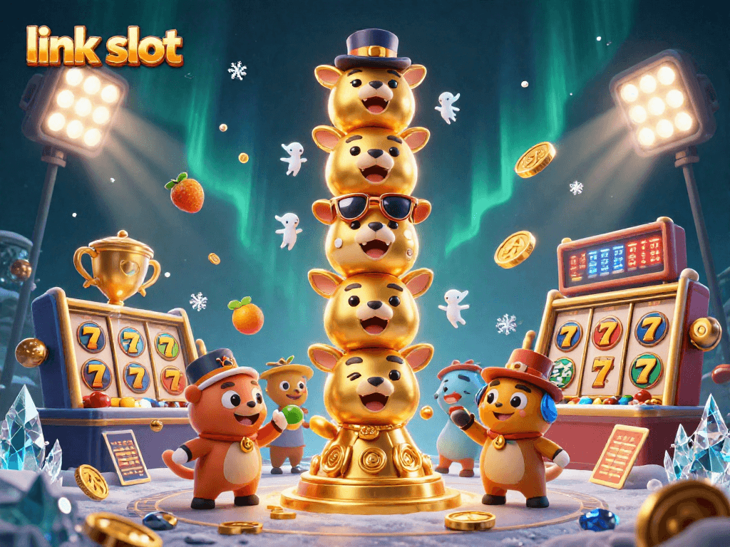 Engage with link slot on dynamic 3D illustration of golden totem poles and exciting slot elements.