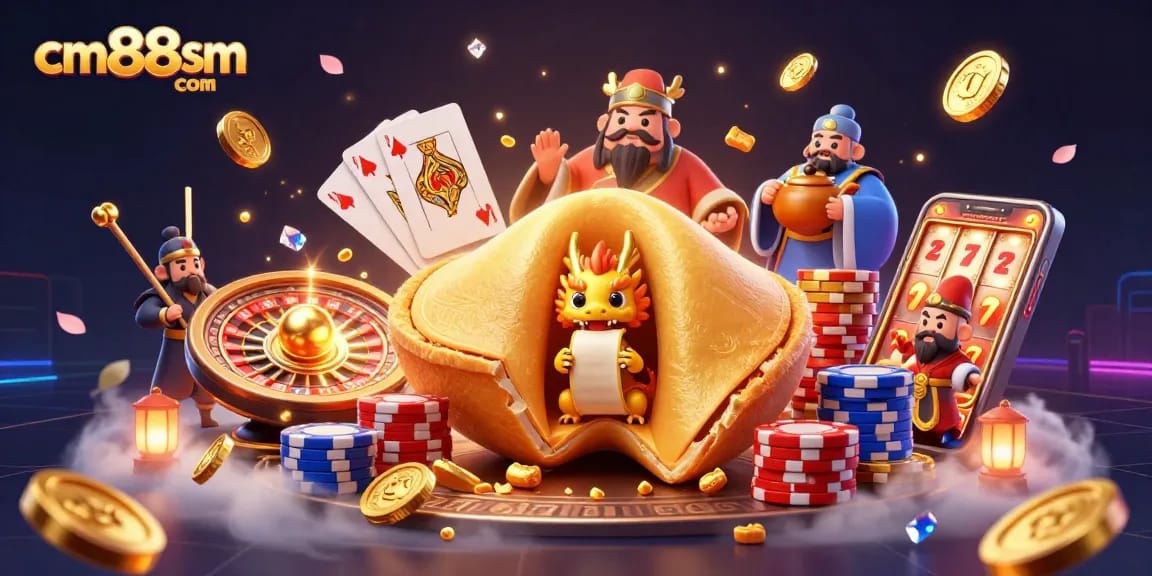 Experience vibrant excitement at cm88sm com featuring a captivating golden fortune cookie and gaming elements.