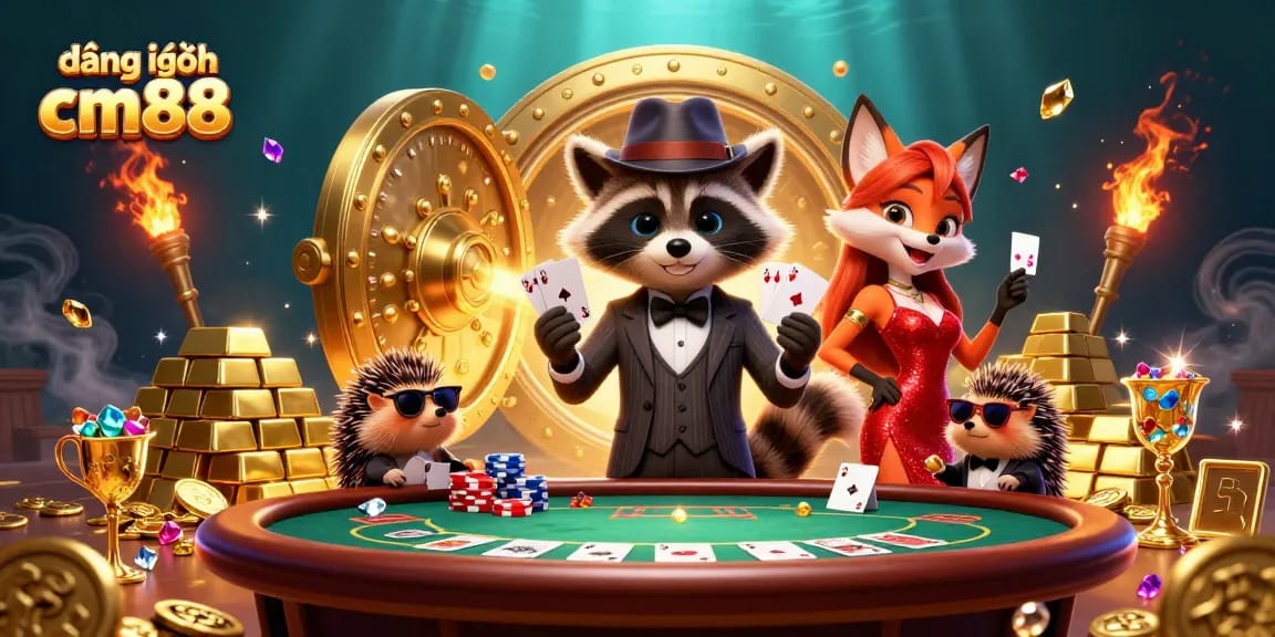 Play and win at đăng nhập cm88 with our exclusive poker scene featuring fun characters and rich casino elements.