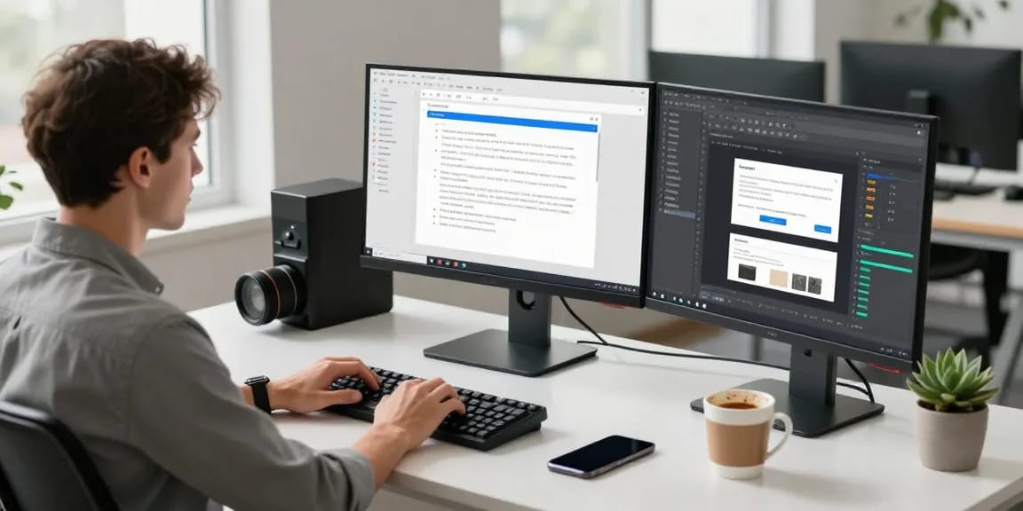 Professional workspace featuring multiple screens displaying the WPS Official Website and collaborative tools, emphasizing a modern tech environment.