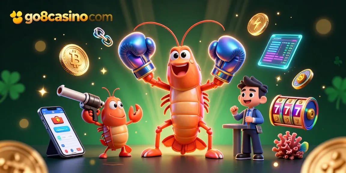 Engage with go8casino com's thrilling slot games featuring vibrant 3D animated shrimp characters and cryptocurrency elements.