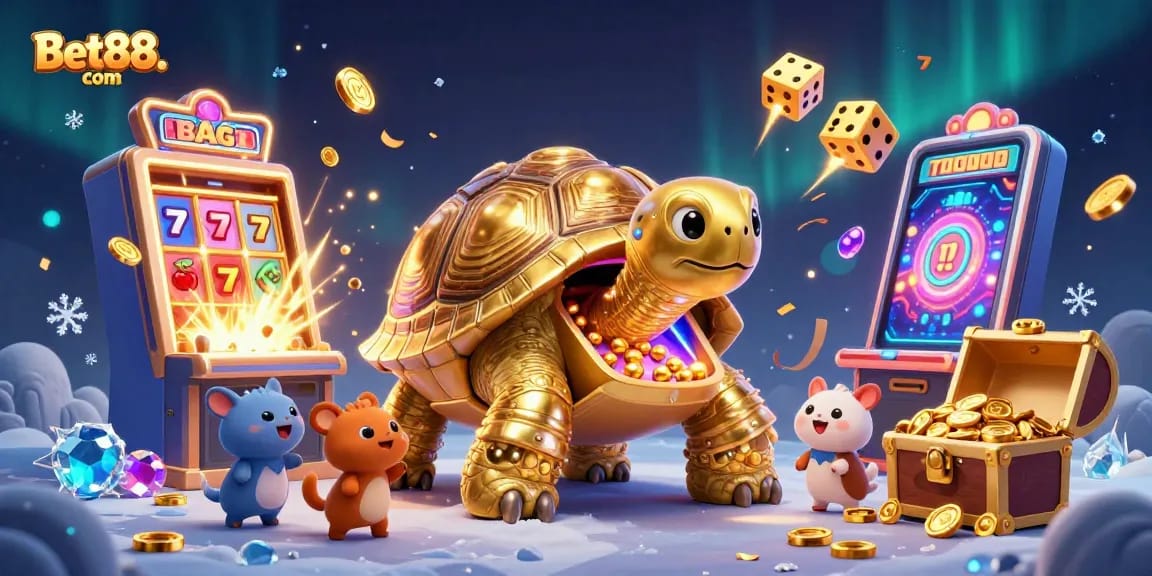 Spin the excitement at Bet88. com with a lively 3D illustration of a golden tortoise and gambling elements.