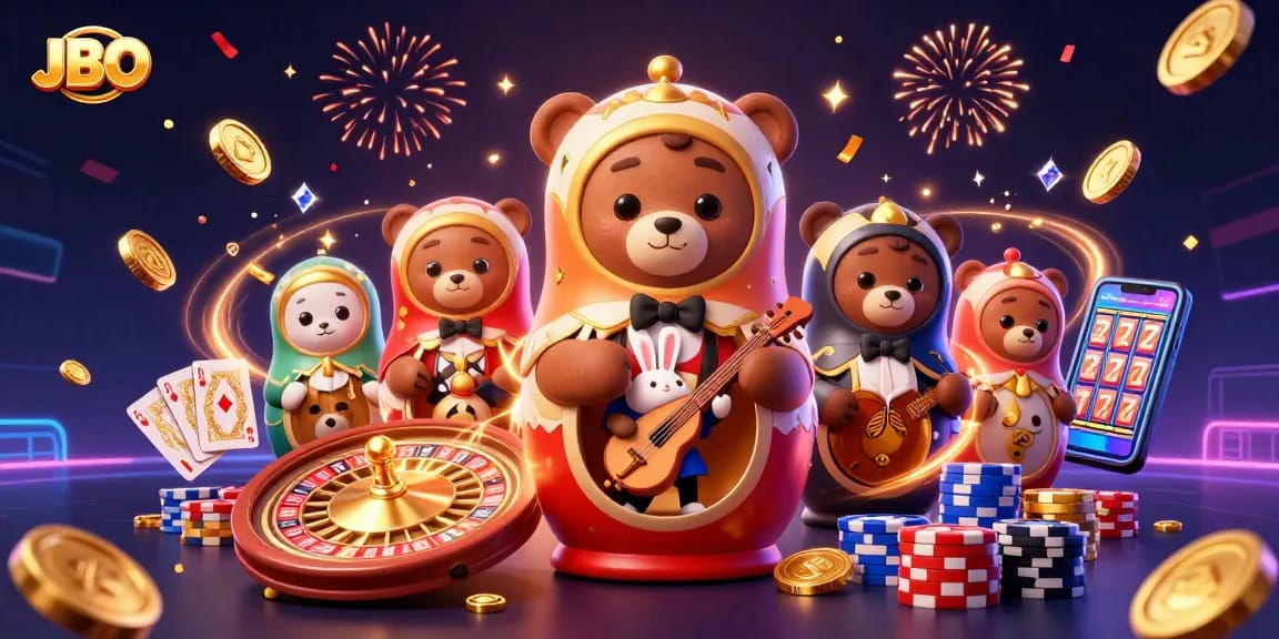 Experience the thrill at JBO with playful casino-themed characters and vibrant game elements.